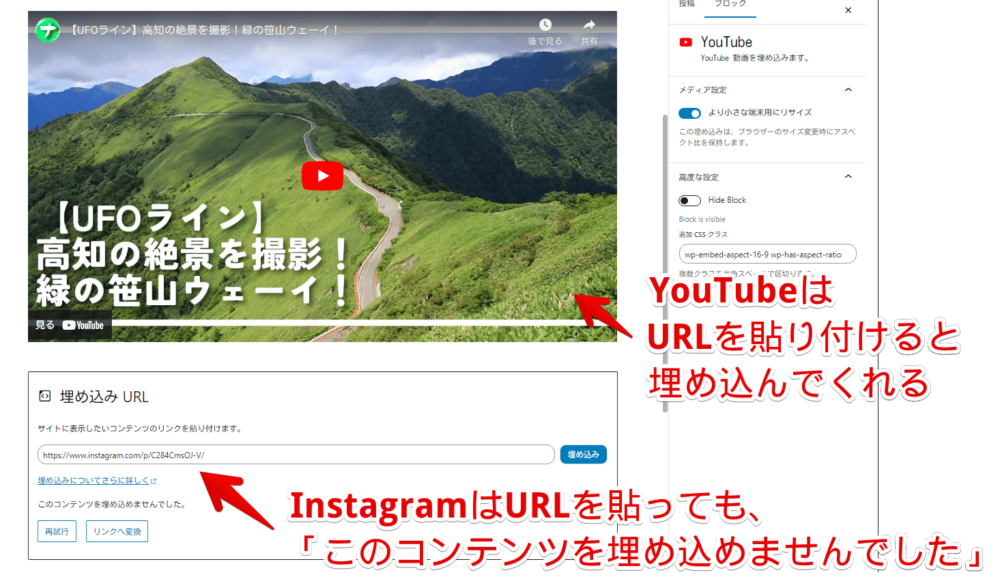 「WordPress」のブロックエディターに「YouTube」と「Instagram」のURLを貼りつけている画像