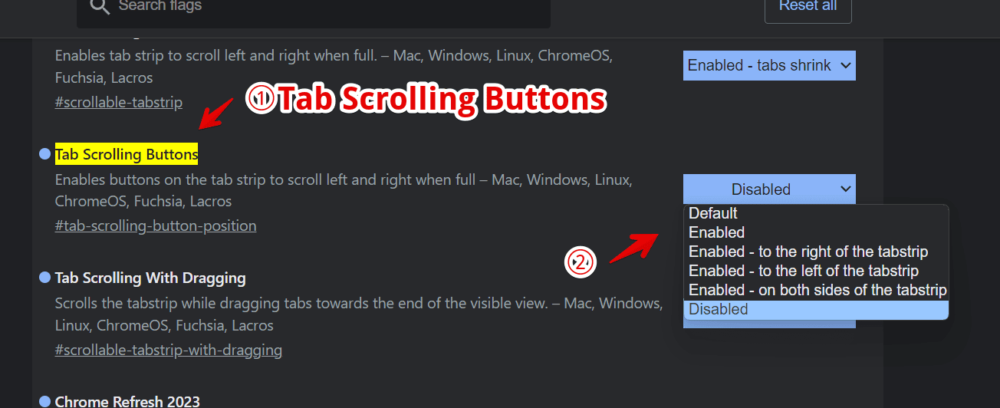 PC版「Chrome」の「chrome://flags/#tab-scrolling-button-position」項目画像