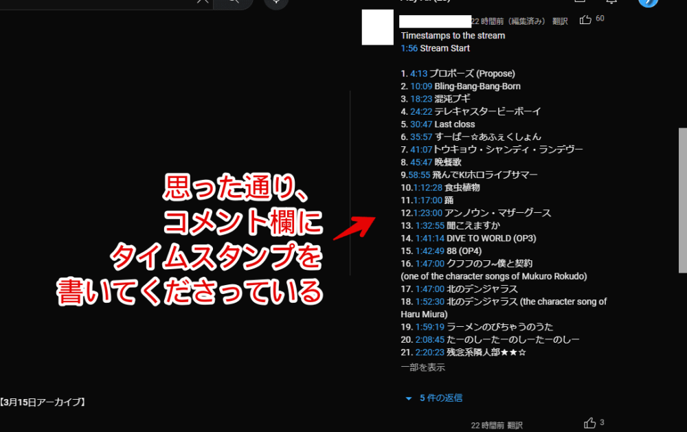 PCウェブサイト版「YouTube」のコメント欄にあるタイムスタンプ画像