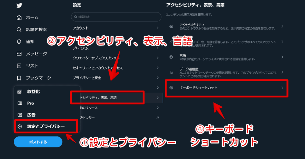 PCウェブサイト版「Twitter」でショートカットキー一覧にアクセスする手順画像