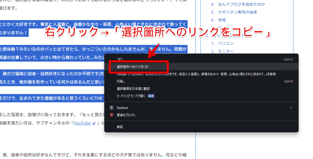 「選択箇所へのリンクをコピー」機能を利用する手順画像2