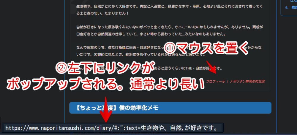 「選択箇所へのリンクをコピー」で作成したリンクにマウスを置いた画像