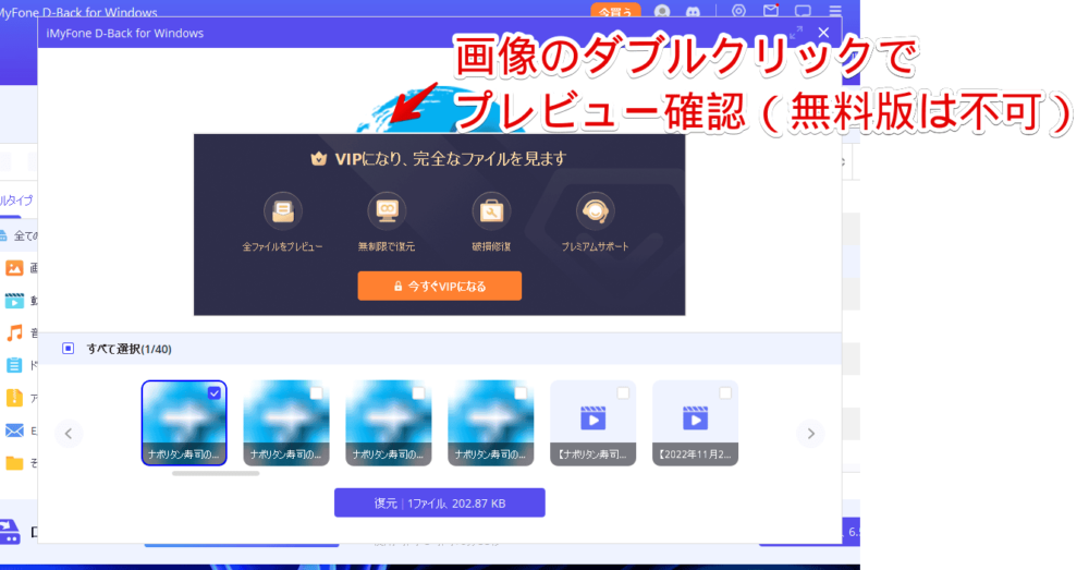 「iMyFone D-Back for Windows」の無料版で画像のプレビューを確認している画像