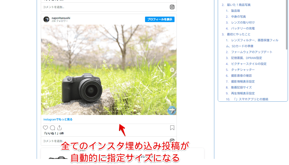 WordPressに埋め込んだInstagramの投稿をCSSで横幅サイズ調整した画像1