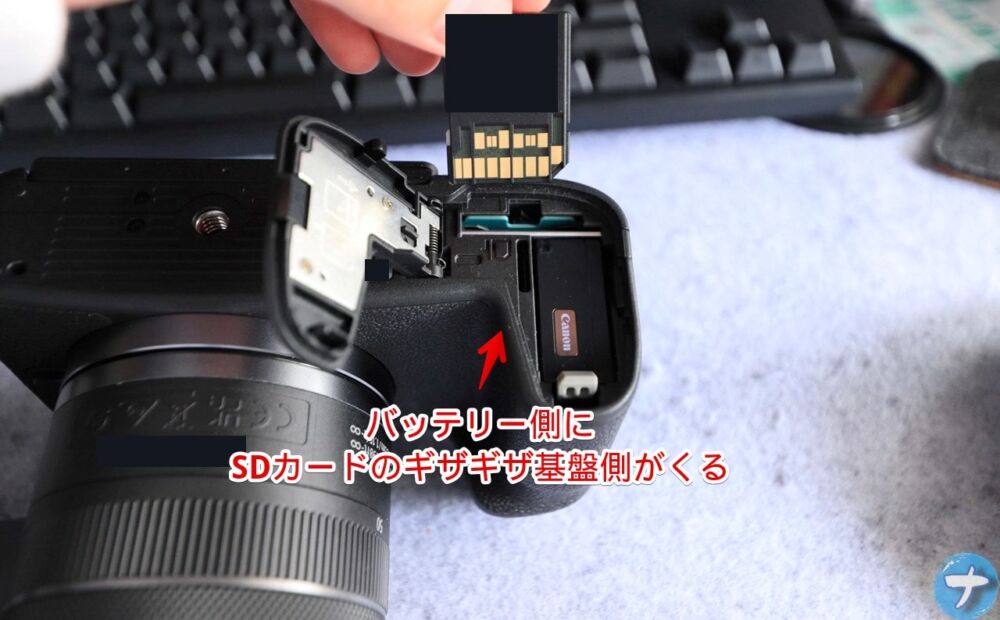 「Nextorage SDXCメモリーカード 128GB」を「EOS R8」に挿入する際の向き画像