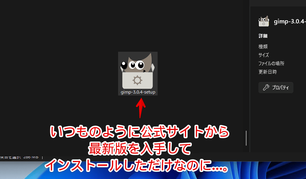 公式サイトからダウンロードしたGIMPの3.0.4セットアップファイル画像