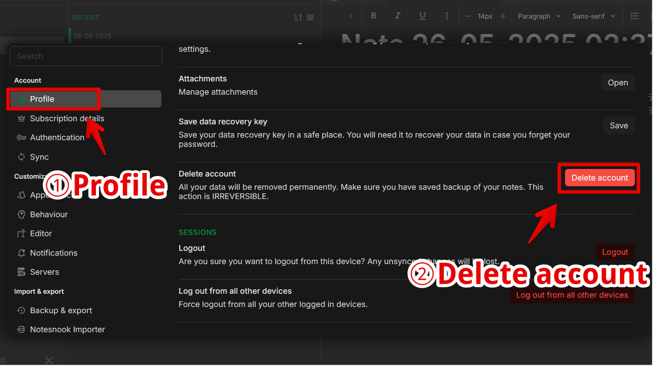 PC版「Notesnook」の設定からアカウントを削除する手順画像