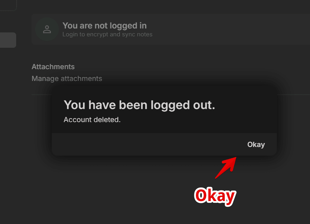 PC版「Notesnook」のアカウント削除完了画像