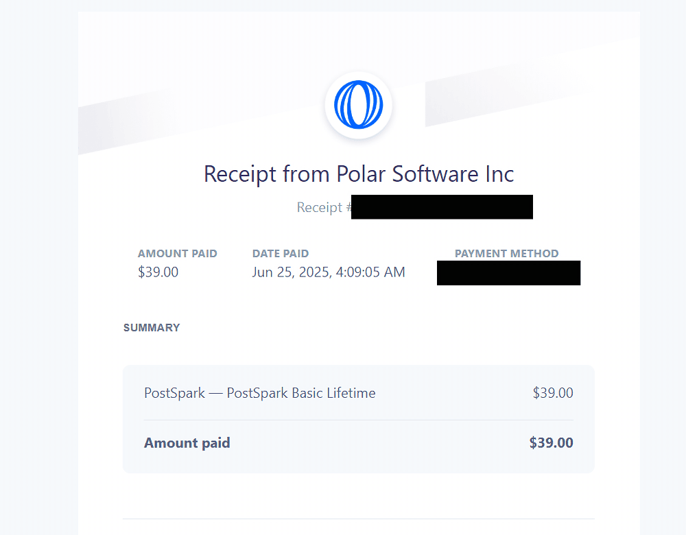 「PostSpark」の有料プラン購入時に「Polar.sh」から届いた完了メール画像