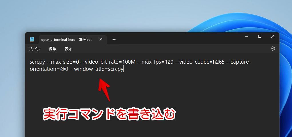 「scrcpy」で決まったオプションを付与する手順画像