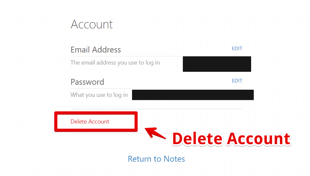 PC版「Simplenote」の「Edit Account」からアカウントを削除する手順画像