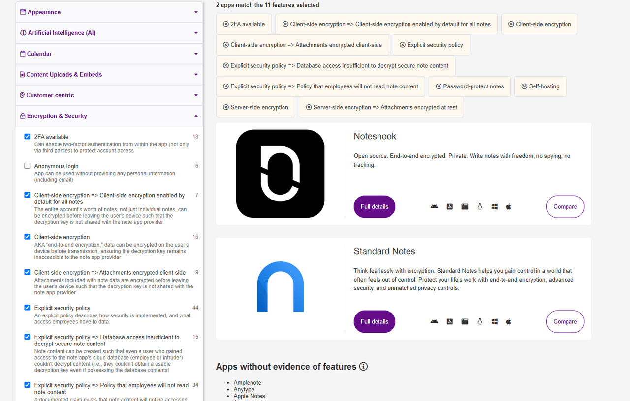 「Encyclopedia of note taking apps」でメモサービスを比較している画像