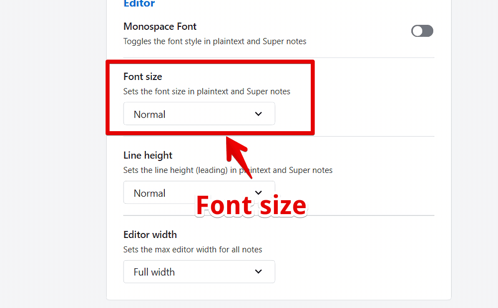 PC版「Standard Notes」の設定からフォントサイズを変更する手順画像
