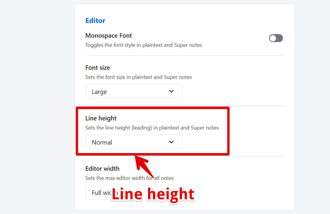 PC版「Standard Notes」の行間を変更する手順画像
