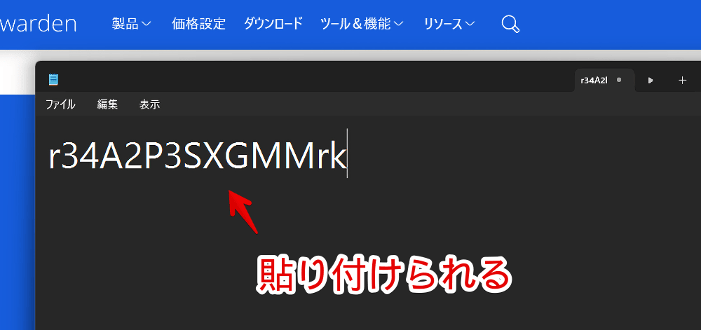 「Bitwarden 無料パスワードジェネレーター」で生成したパスワードをメモ帳に貼り付けた画像