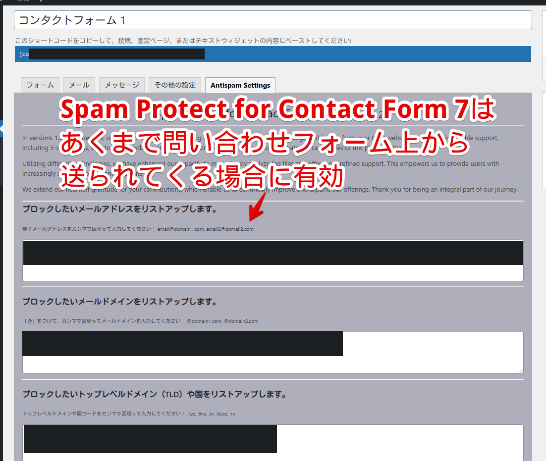 WordPressにインストールした「Spam Protect for Contact Form 7」でスパム対策設定している画像