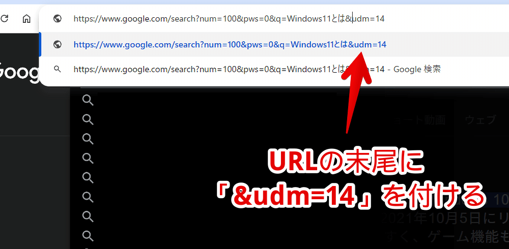 PC版「Google」でURL末尾に「&udm=14」を付与する手順画像