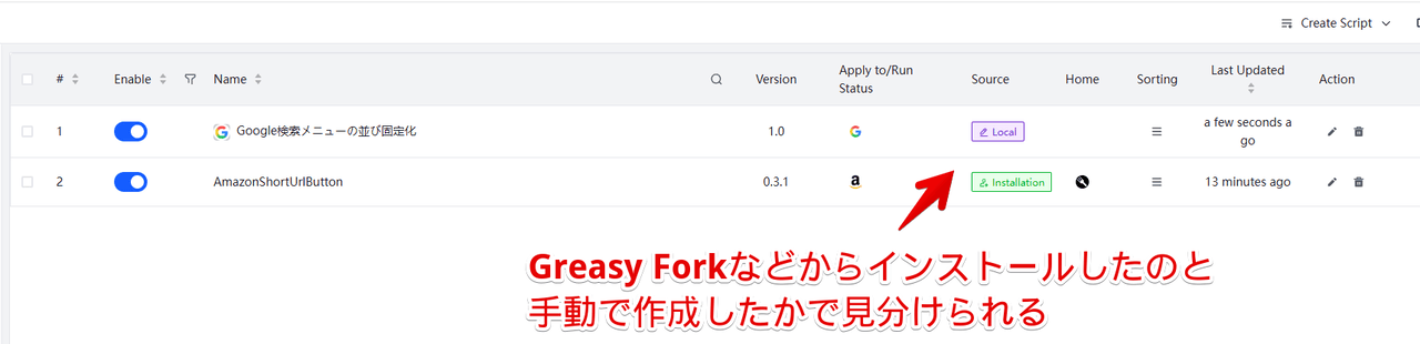 「ScriptCat」拡張機能で「Greasy Fork」からインストールしたのと手動で作成したコードの違い画像