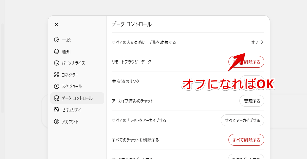 PC版「ChatGPT」で「すべての人のためにモデルを改善する」をオフにした画像