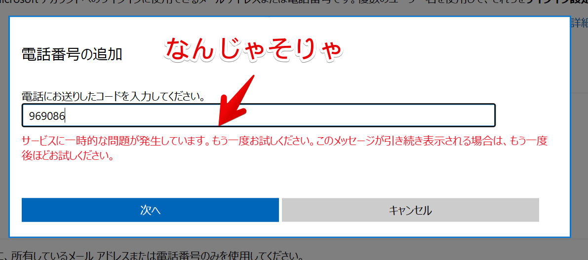 「サービスに一時的な問題が発生しています。もう一度お試しください。このメッセージが引き続き表示される場合は、もう一度後ほどお試しください。」画像