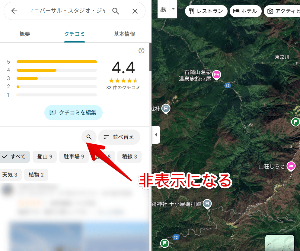 PC版「Googleマップ」にスクリプトを導入して特定のユーザーを非表示にした画像