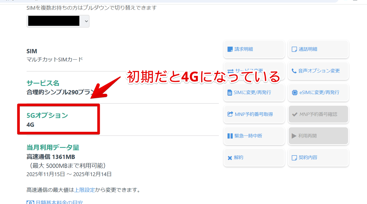 日本通信の「5Gオプション」が4Gになっている画像
