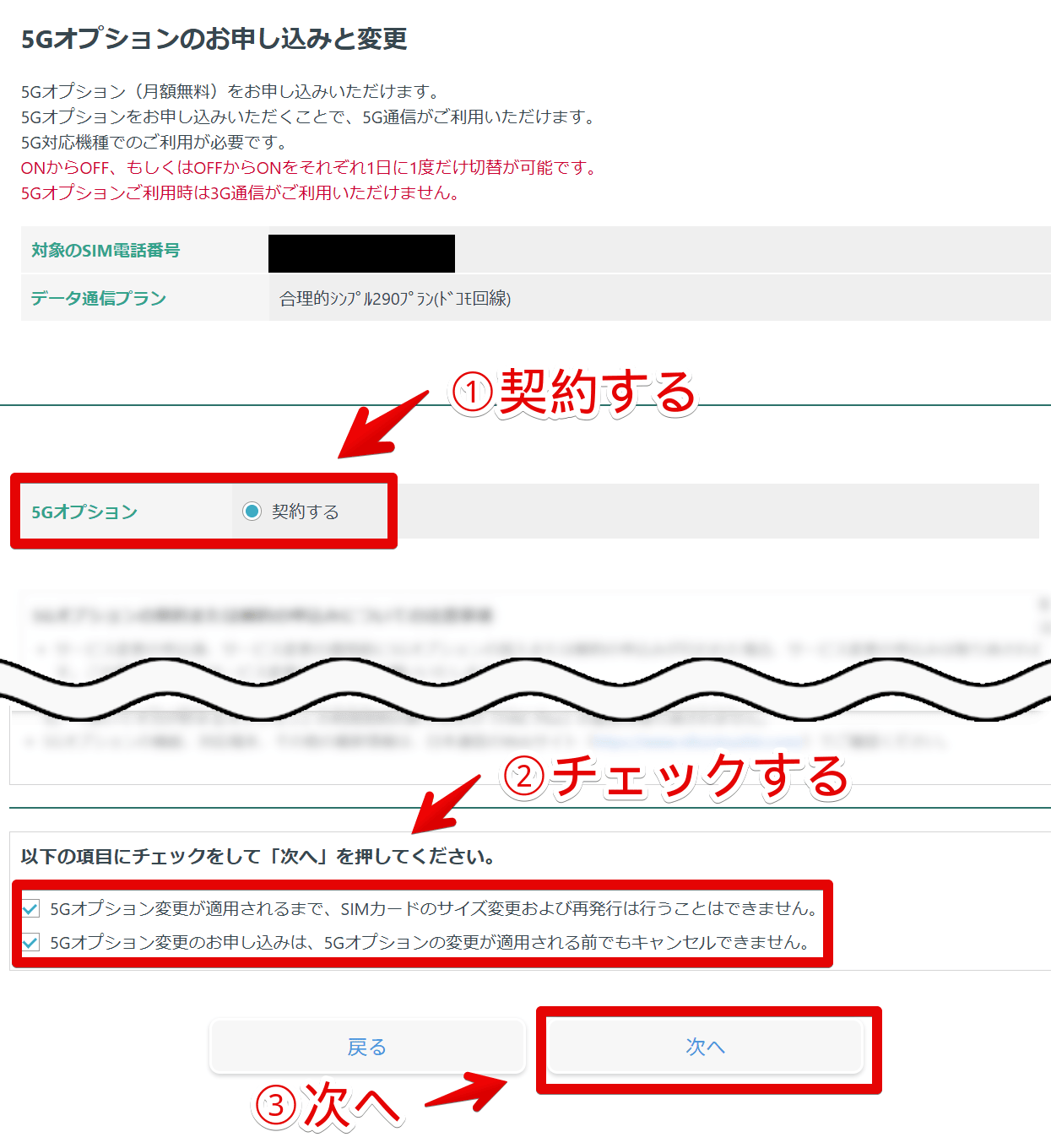 日本通信のマイページから「5Gオプション」を申し込む手順画像