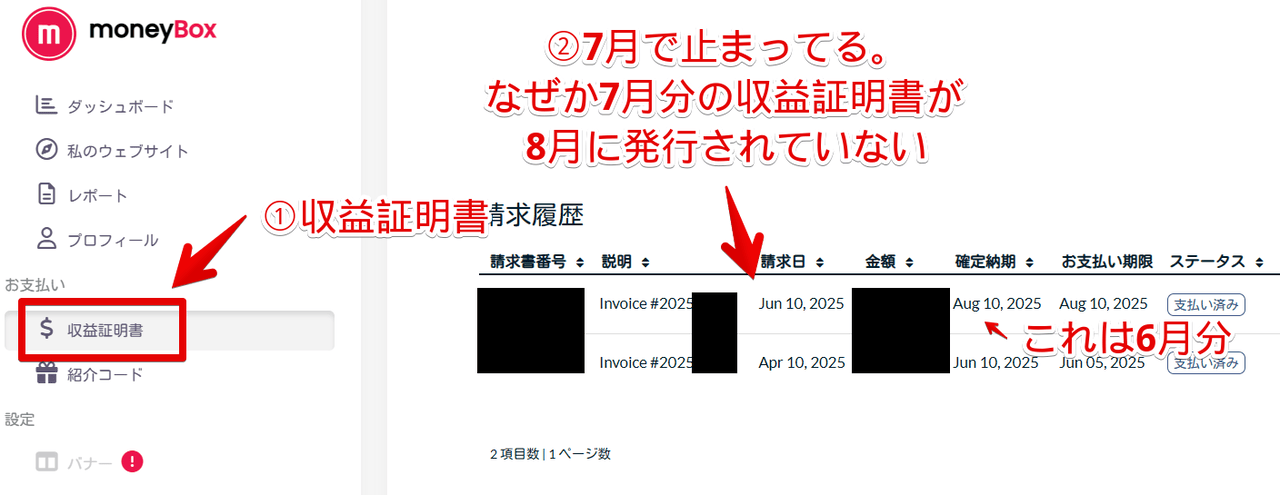 「The Moneytizer」で先月50ドルを超えていたのに収益証明書が発行されていない画像