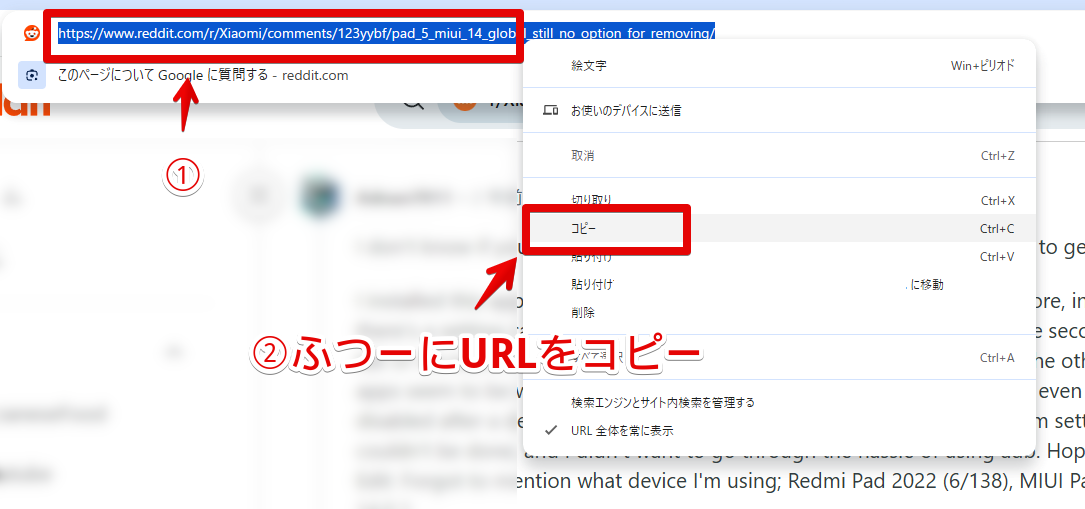 テキストフラグメントを作成したいURLをコピーする手順画像