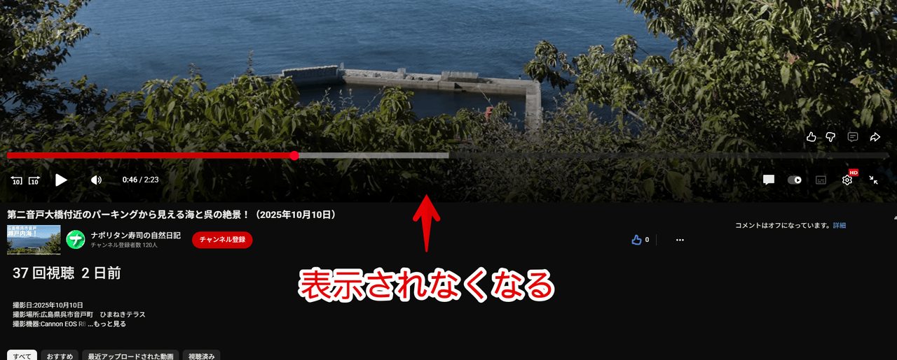 PC版「YouTube」の全画面時に下スクロールすると表示される「その他の動画」をCSSで消した画像