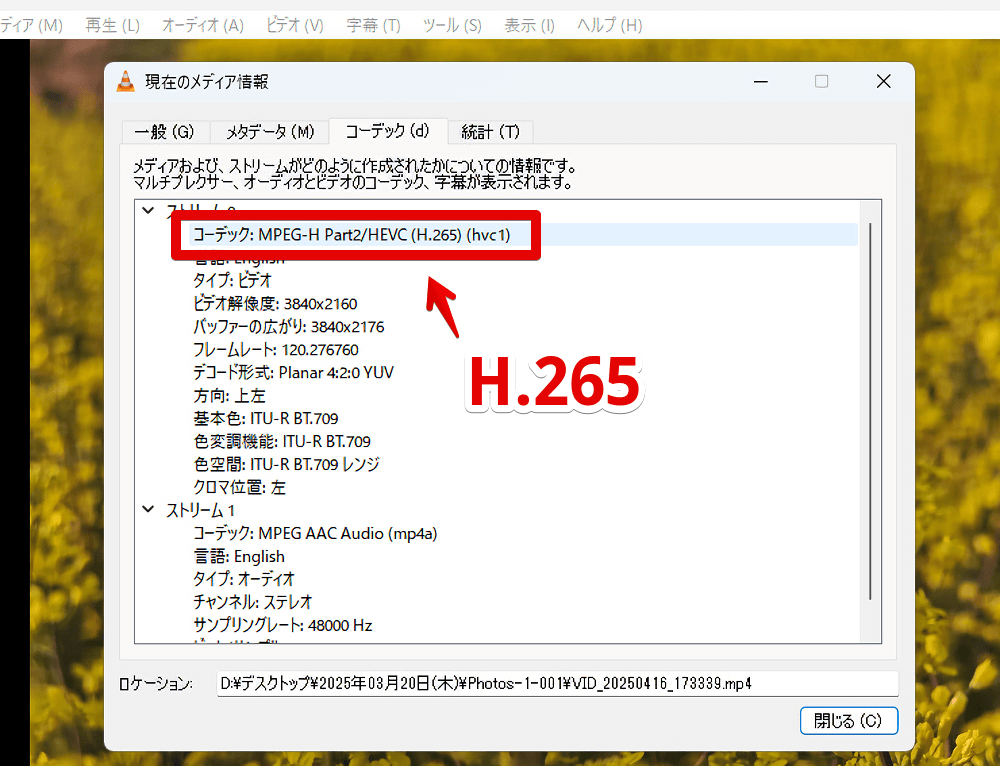 VLCメディアプレーヤーのコーデック情報で「H.265(HEVC)」かどうか調べる手順画像