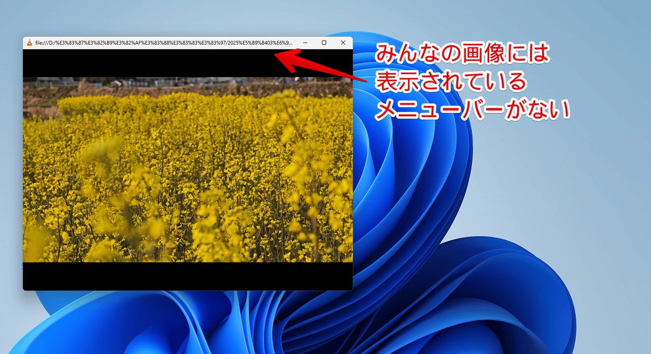 Windows11の「VLCメディアプレーヤー」上部にメニューバーが表示されていない画像