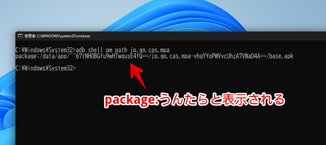 Windows11のコマンドプロンプトで「adb shell pm path jp.go.cas.mpa」を実行した画像
