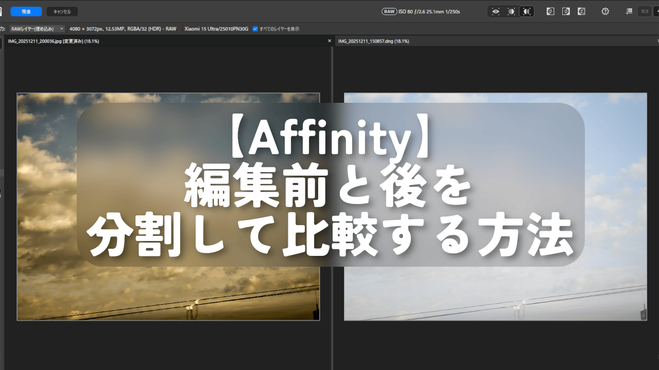 【Affinity】編集前と後を分割して比較する方法