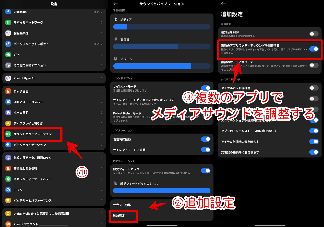 Xiaomiスマホでアプリごとの音量調節機能をオンにする手順画像