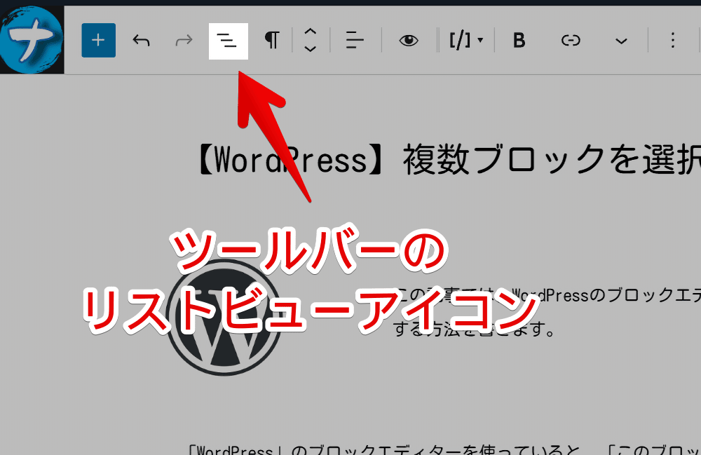 WordPressのツールバー内にあるドキュメント概観アイコンをクリックする手順画像