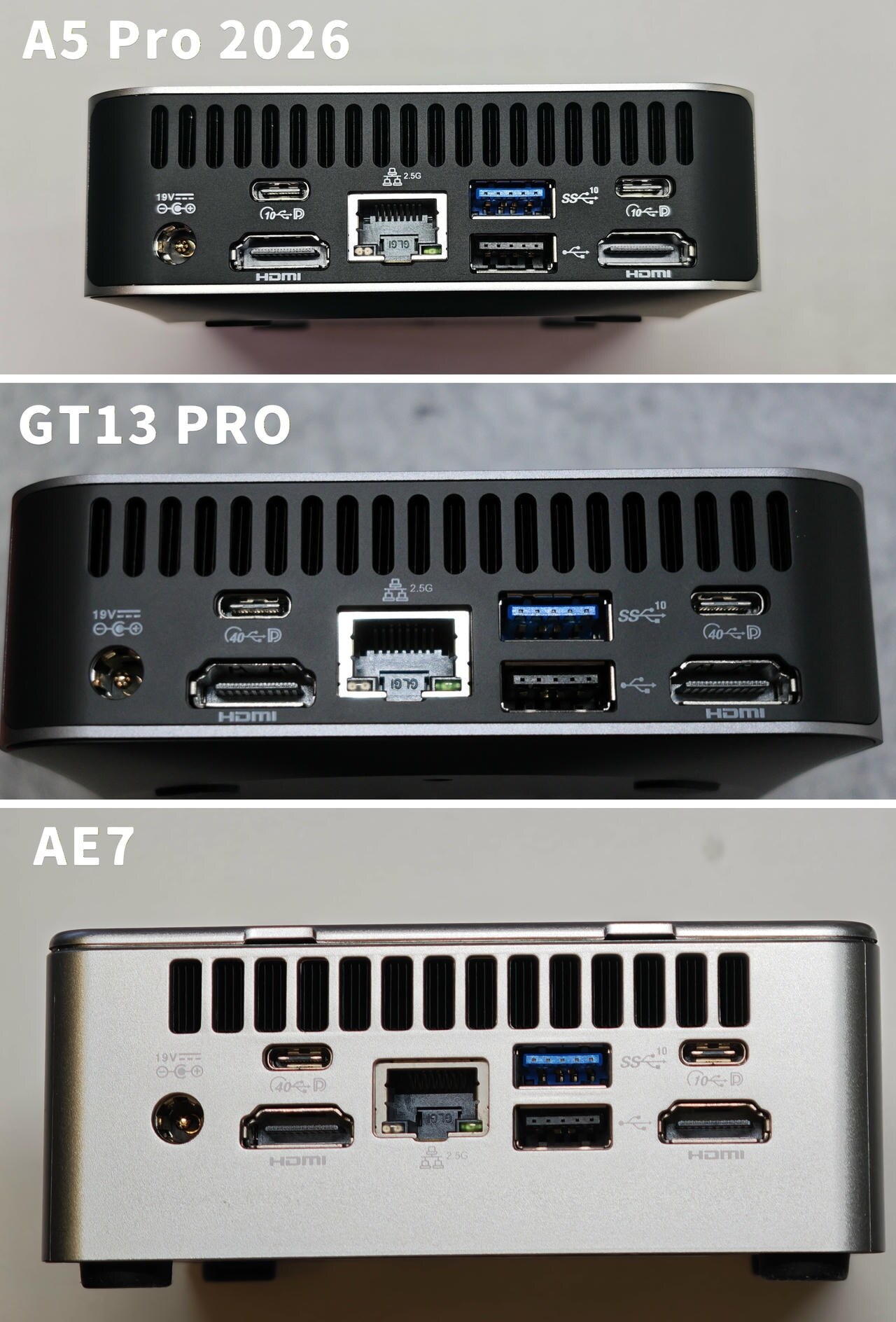GEEKOM A5 Pro 2026、GT13 PRO、AE7の背面ポート