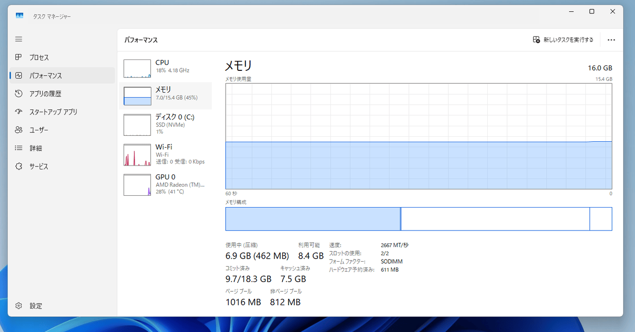 GEEKOM A5 Pro 2026のメモリタスクマネージャー