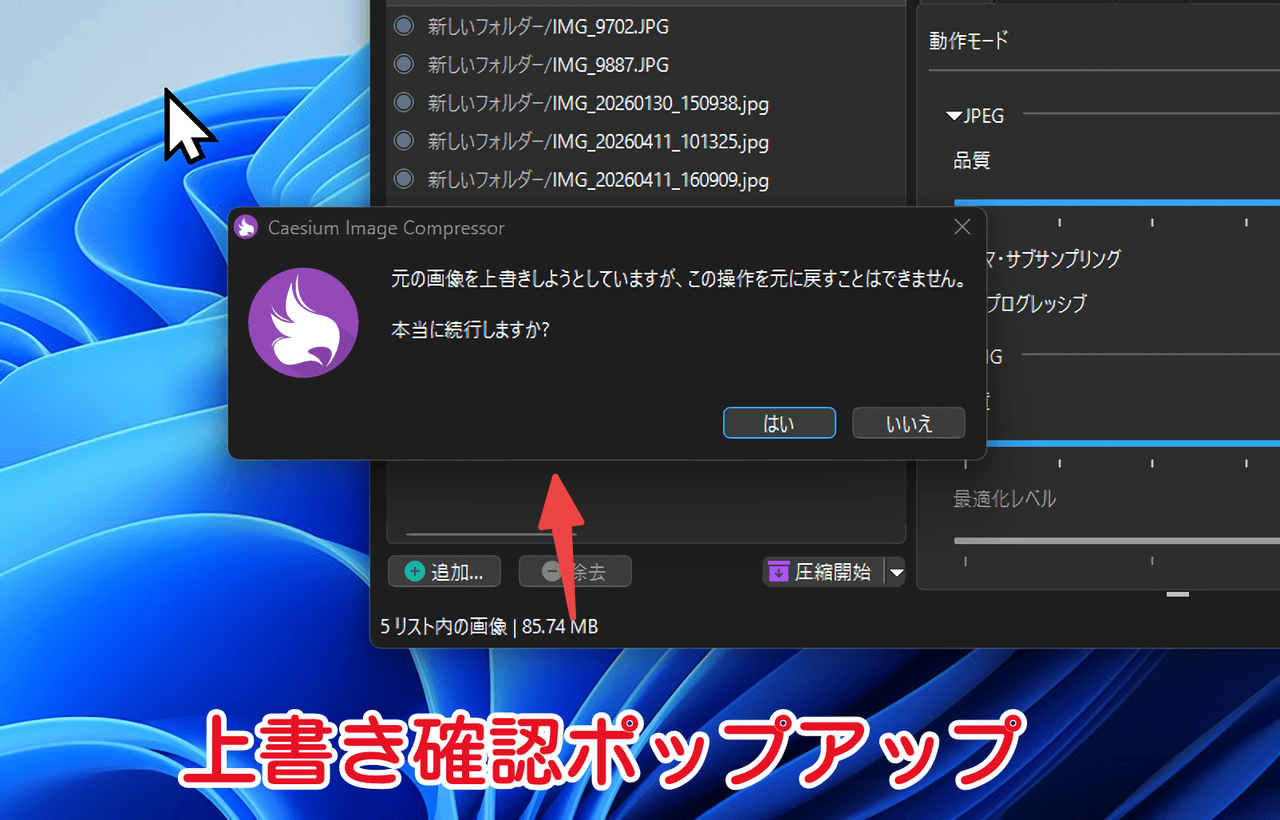 「Caesium Image Compressor」の「元の画像を上書きしようとしていますが、この操作を元に戻すことはできません」メッセージ