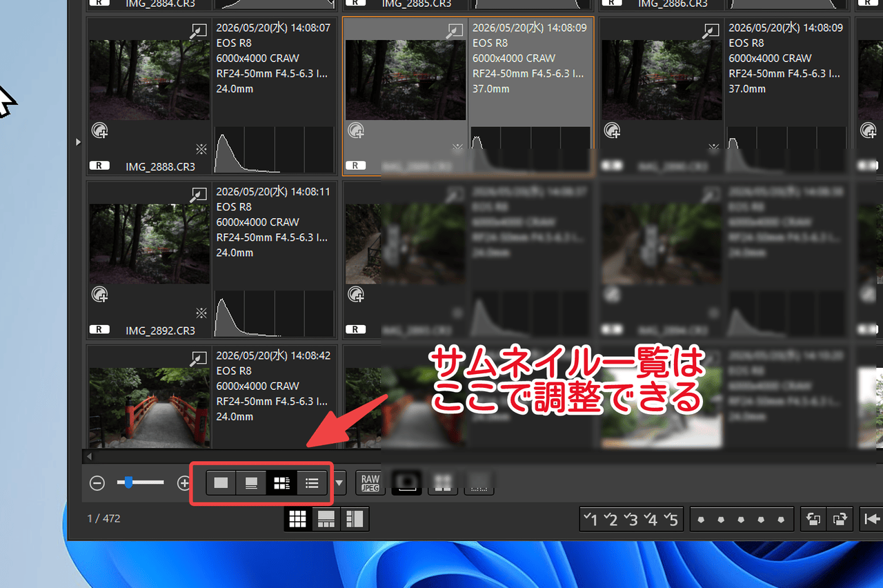 「Digital Photo Professional 4」のサムネイル一覧