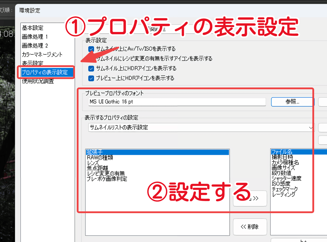 「Digital Photo Professional 4」のプロパティの表示設定