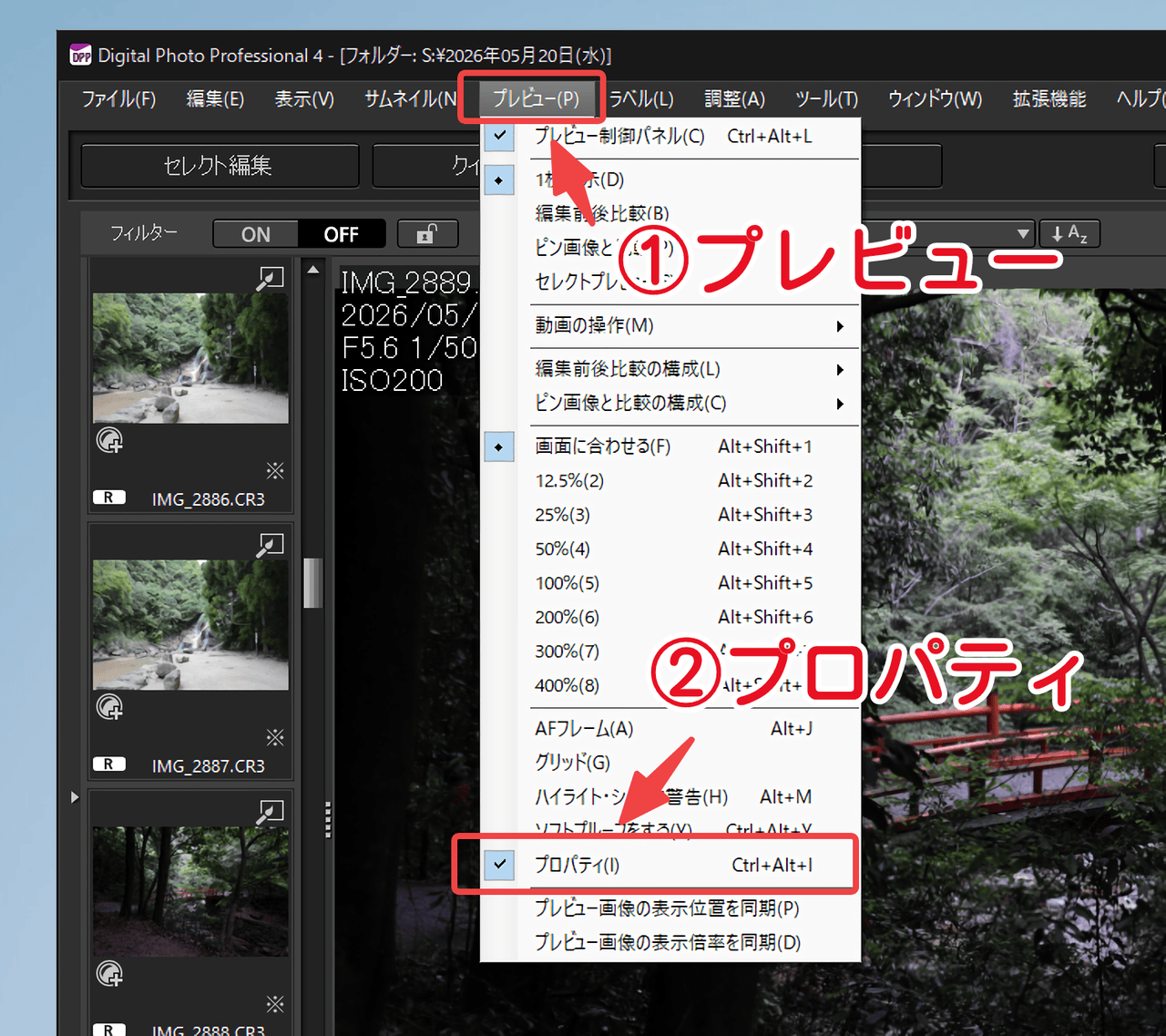 「Digital Photo Professional 4」のプレビューメニュー