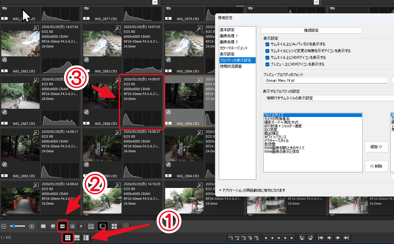 「Digital Photo Professional 4」の情報付きサムネイル